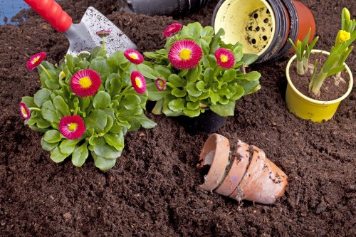 Gardener inspecting a domestic front garden with tools